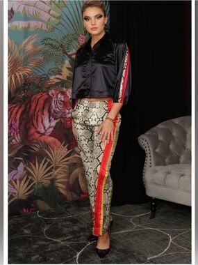Snake-Print High-Waist Track Pants with Red & Yellow Side Stripe